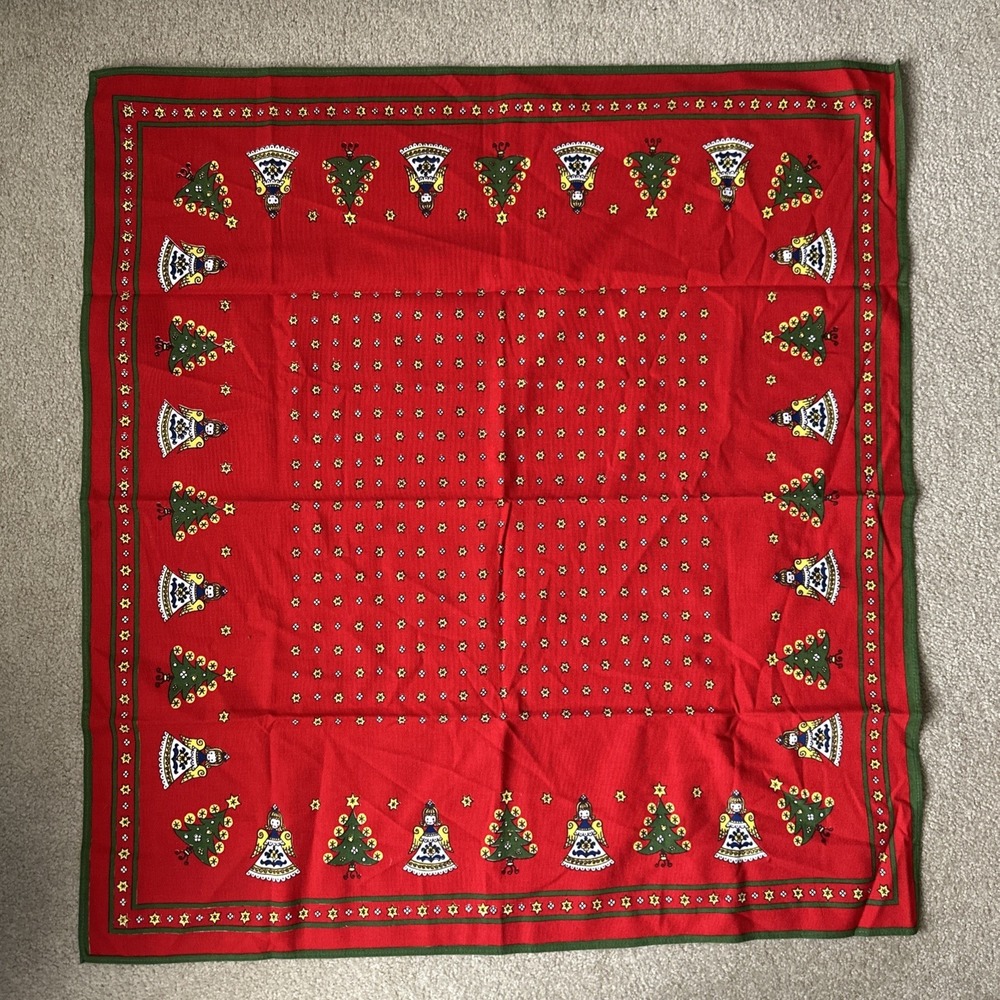 Vintage KOLF Austria Christmas Cotton Angels Trees Small Table Cloth 33x31" NWOT